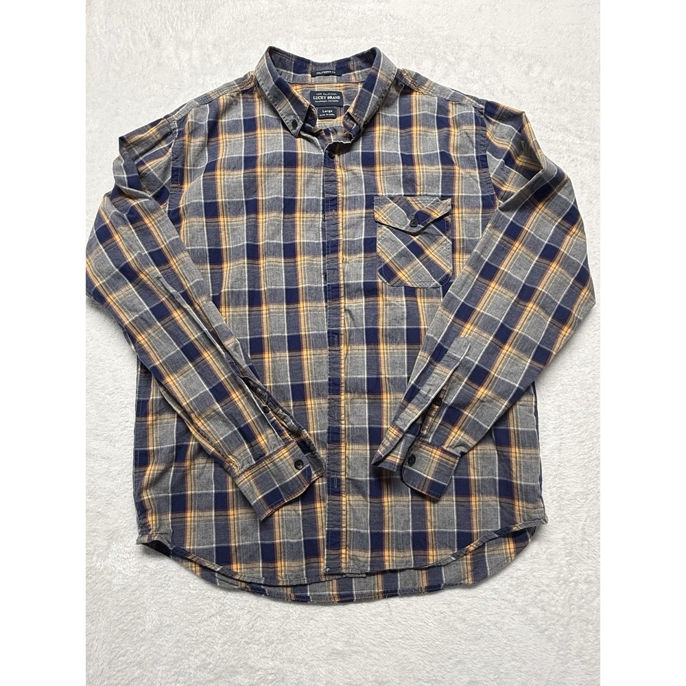 Lucky Brand Mens LARGE California Fit Plaid Button Down yellow Navy Flannel